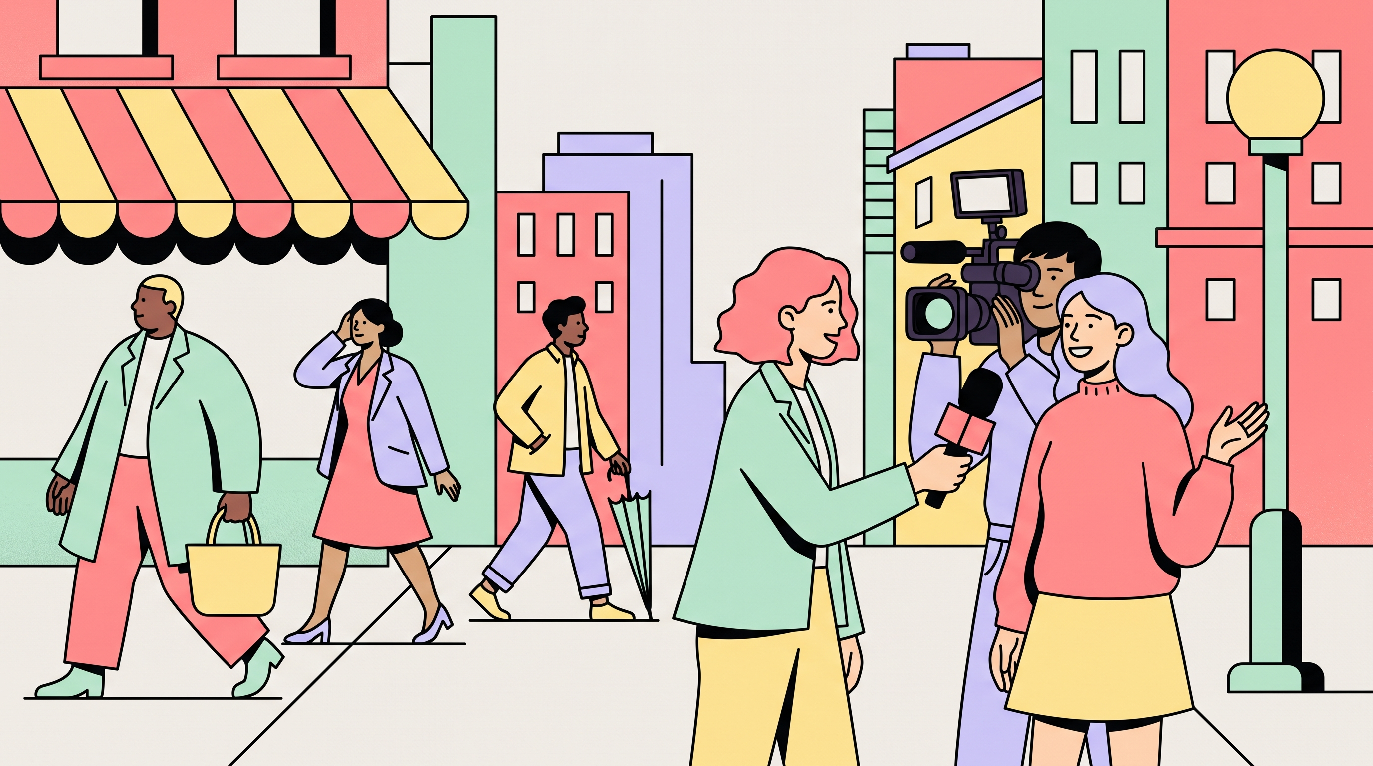 A street interview in progress on a city pavement