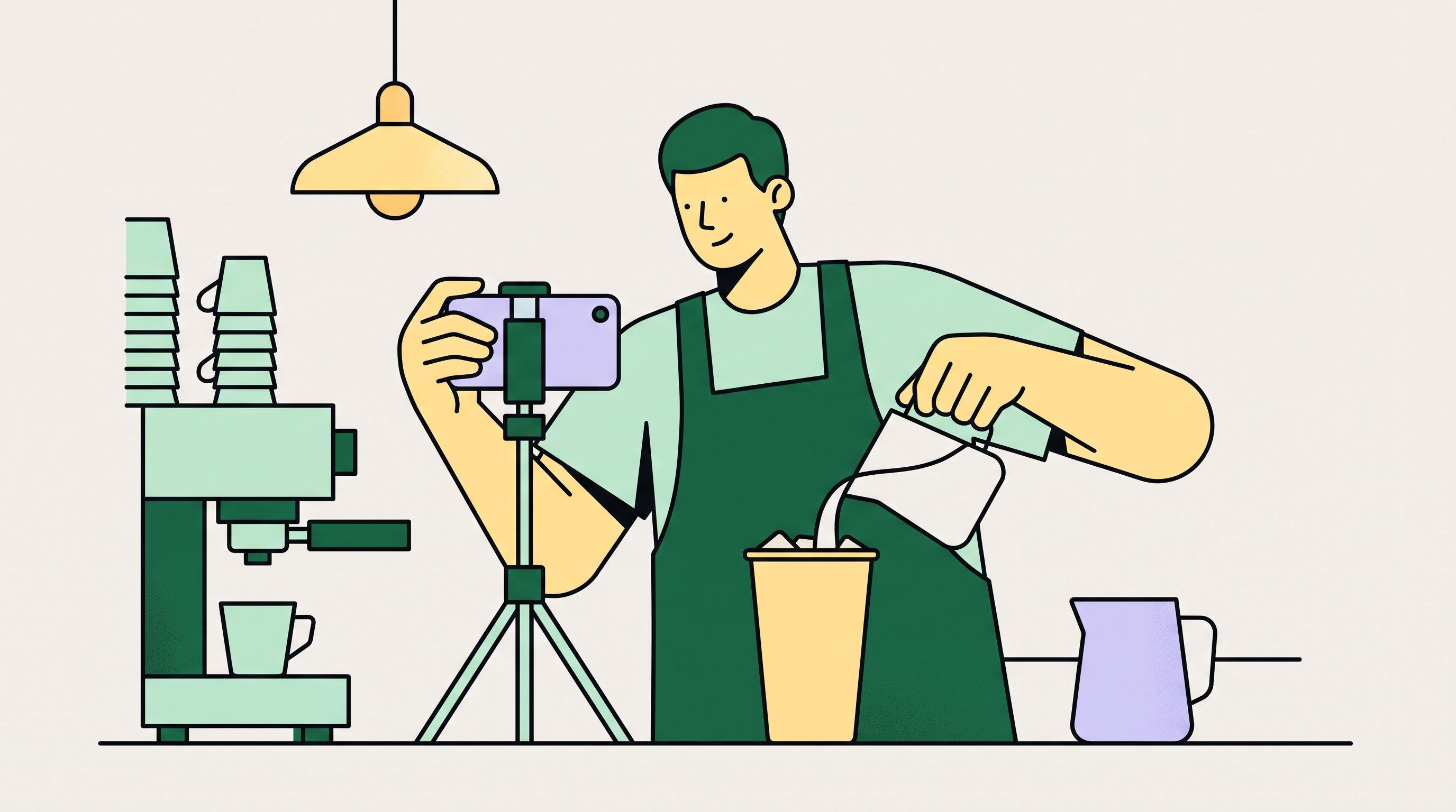 A barista in a green apron filming themselves making a drink