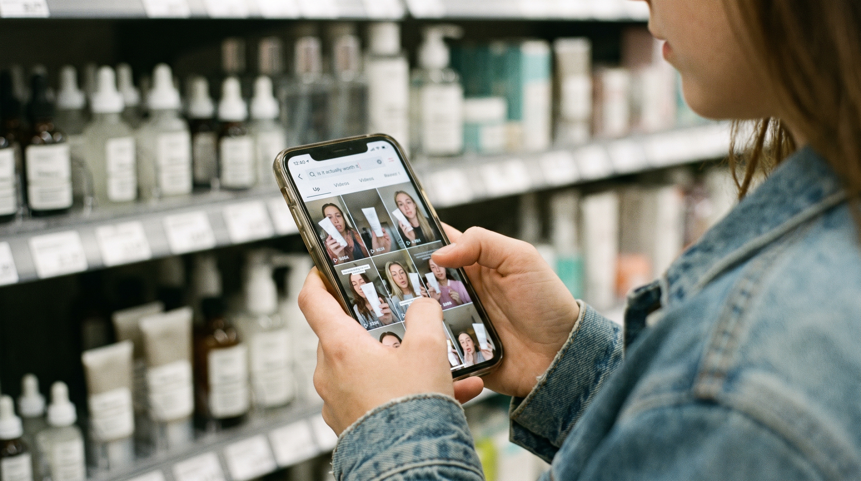 A shopper in a supermarket aisle holding a phone, searching a short-form video app for &ldquo;is it actually worth it&rdquo; and getting back a grid of creator videos