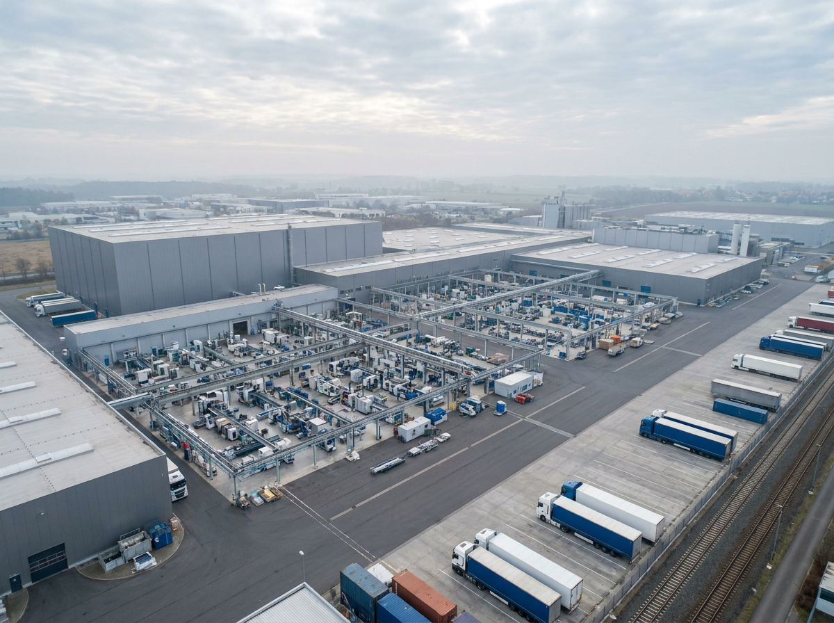 Aerial view of an industrial equipment manufacturing facility in Germany