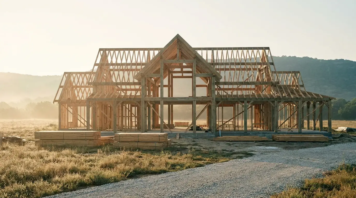 New single-family construction framed at sunrise