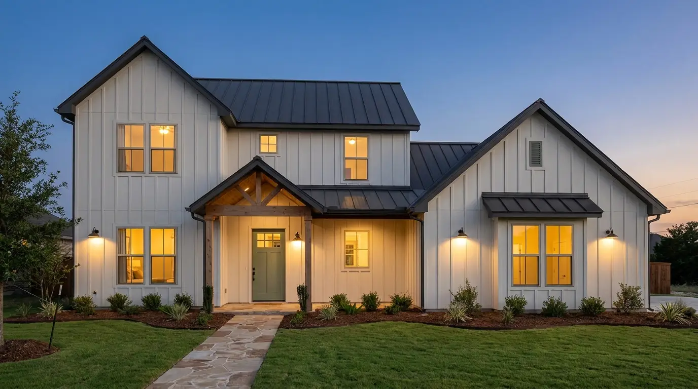 A renovated single-family home at dusk
