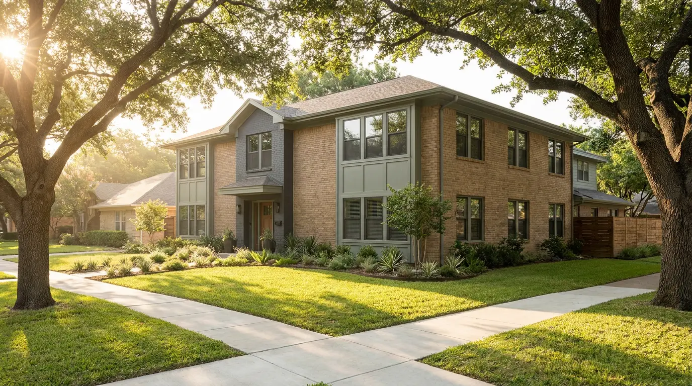 A brick duplex exterior in morning light