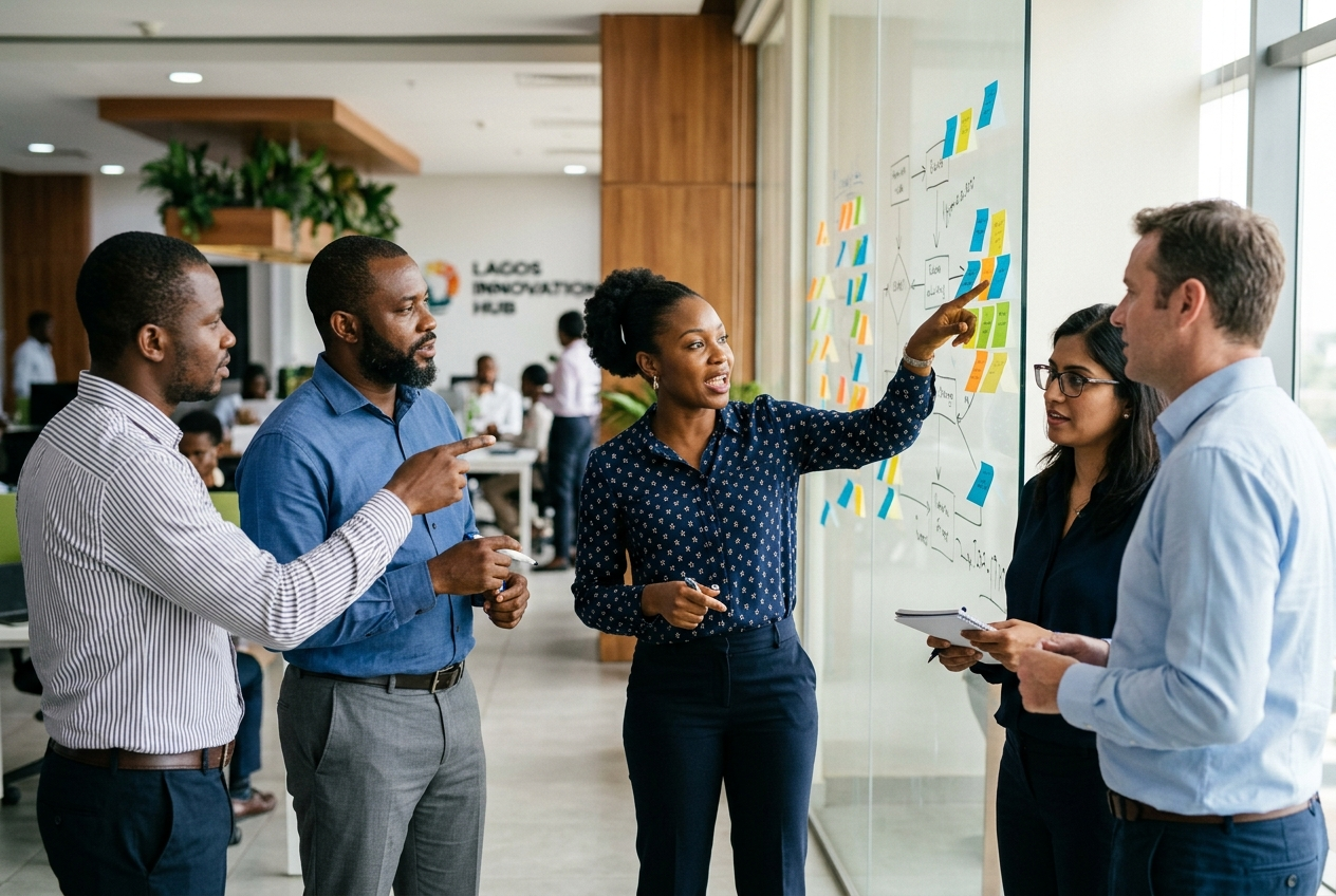 A BTS Consulting working session mapping a process on a glass wall