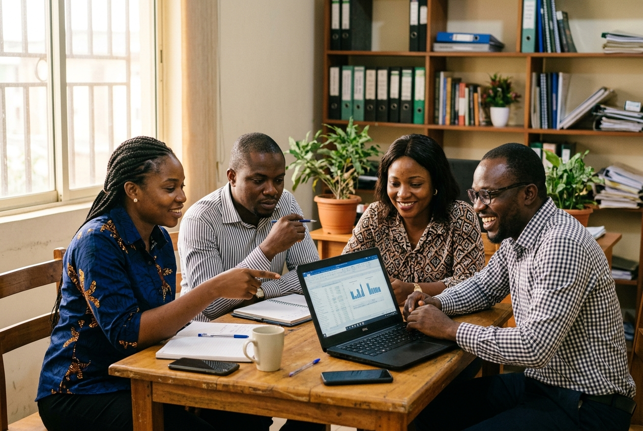A small business team reviewing their numbers together