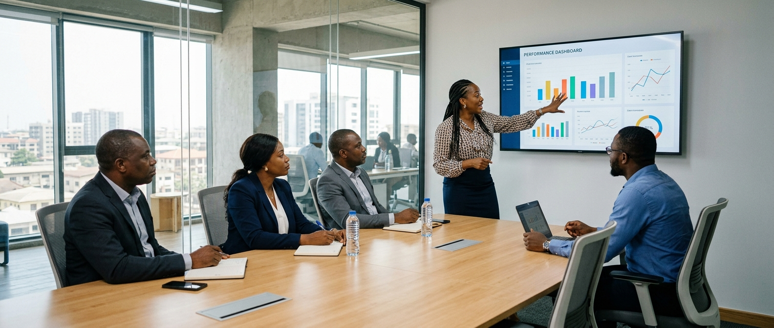 A leadership team in Lagos reviewing performance together