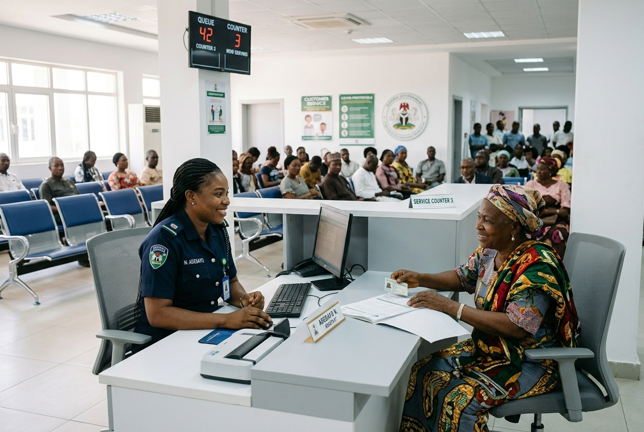 A government service officer attending to a citizen at a counter