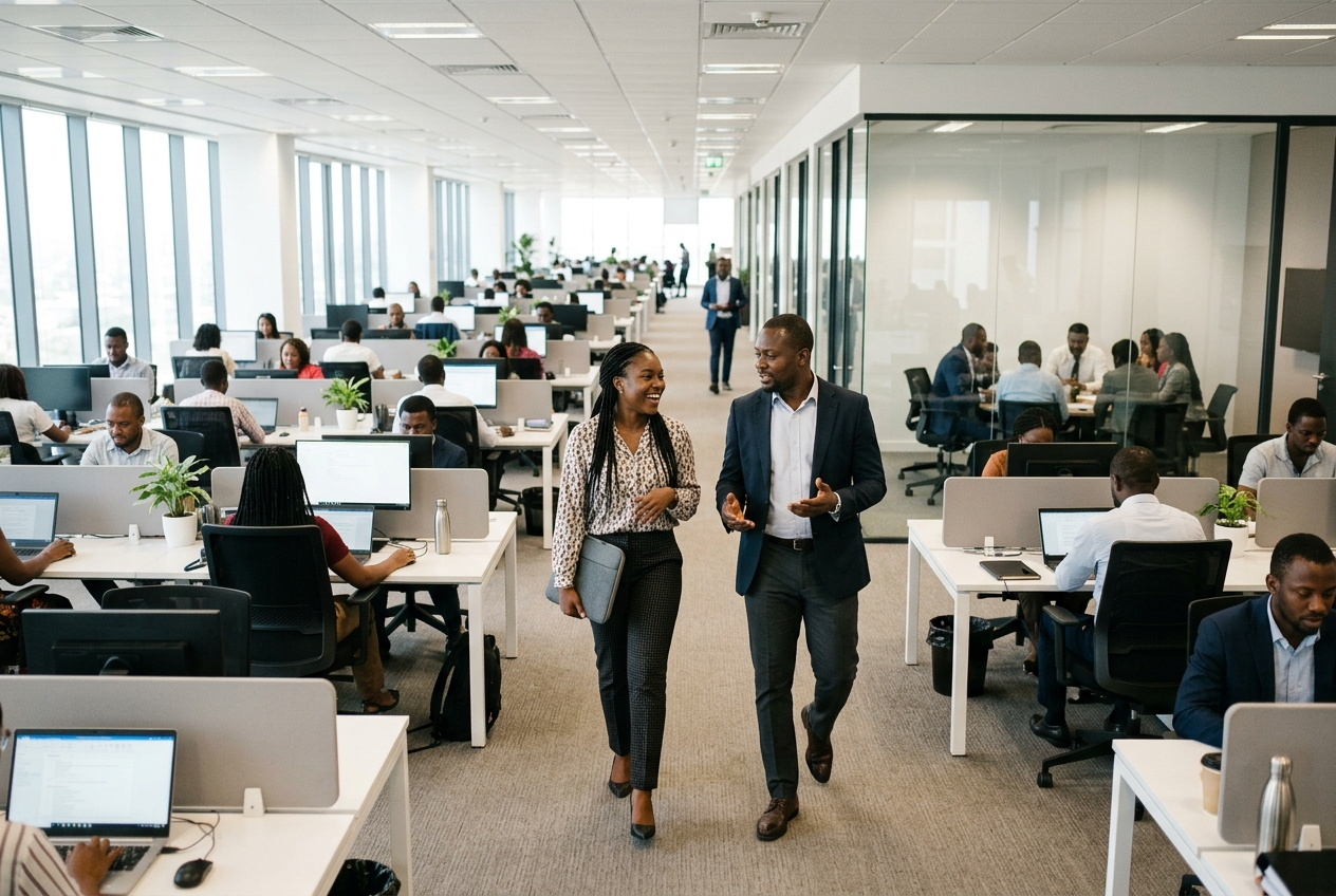 Colleagues walking through a large open-plan office