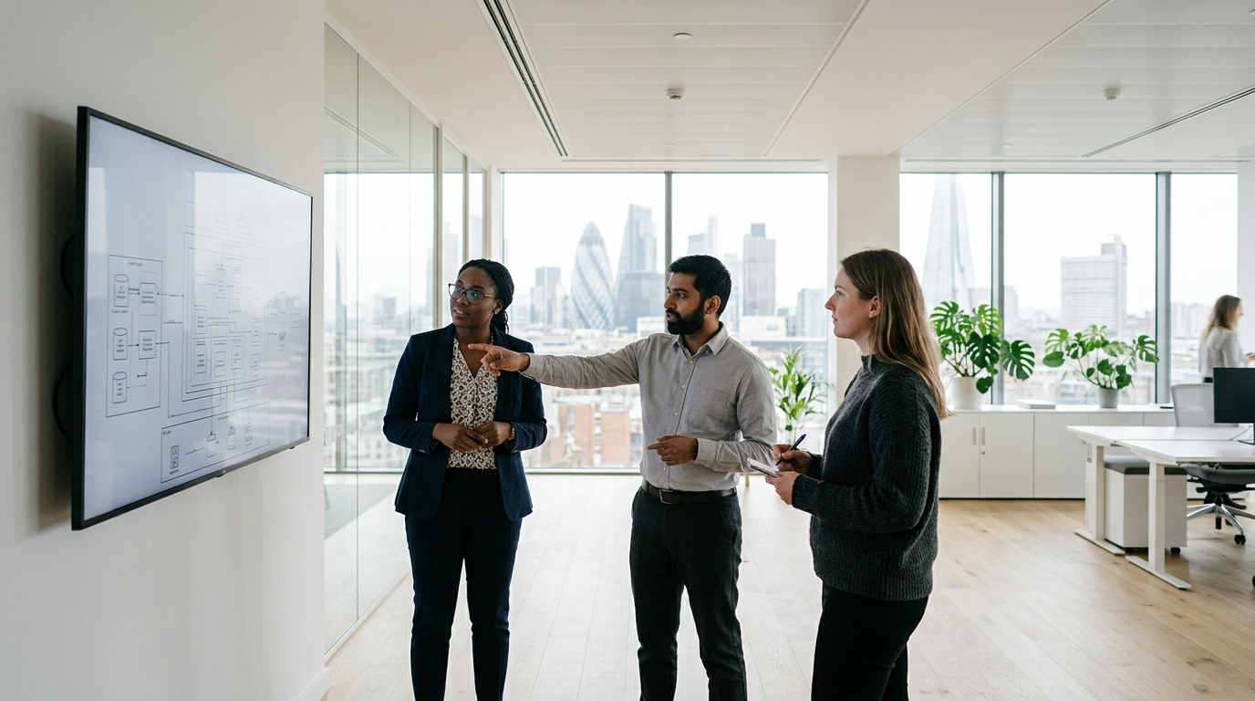 Three colleagues reviewing a software architecture diagram in a London office