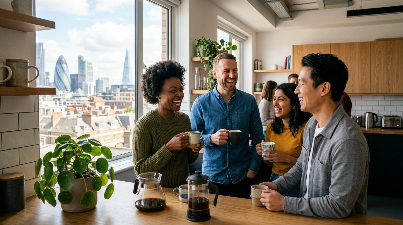 Colleagues talking over coffee in a bright office kitchen