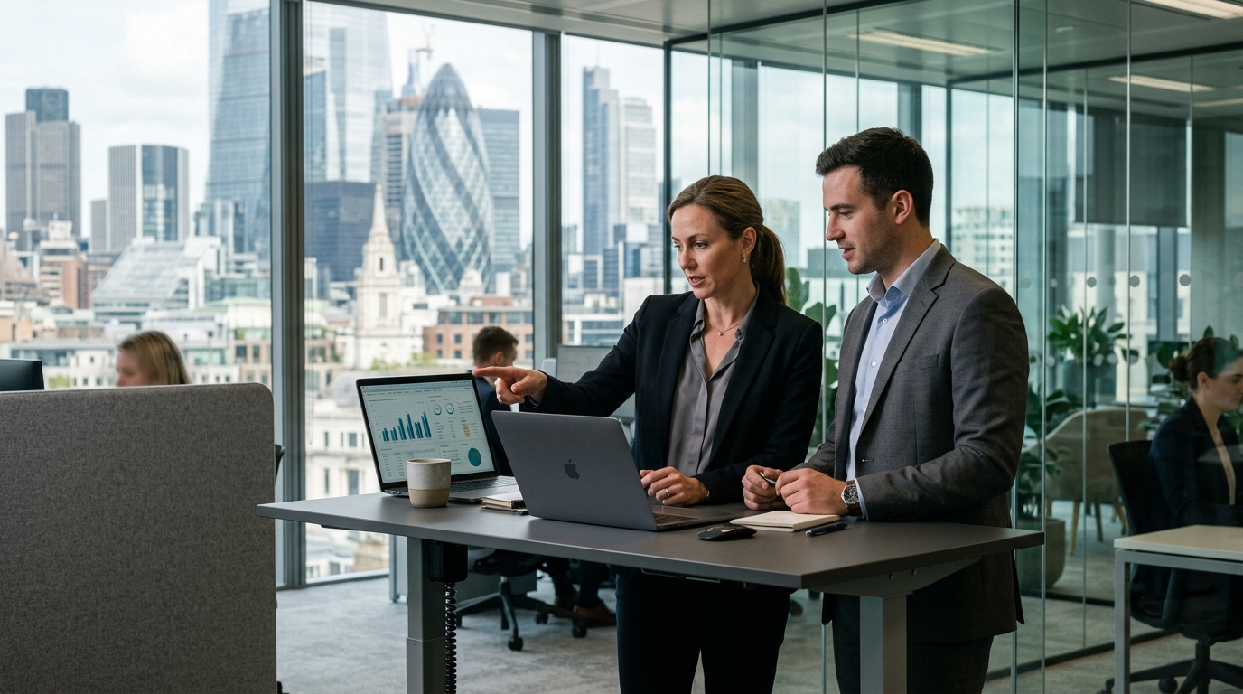 Two colleagues reviewing figures on a laptop in a City of London office