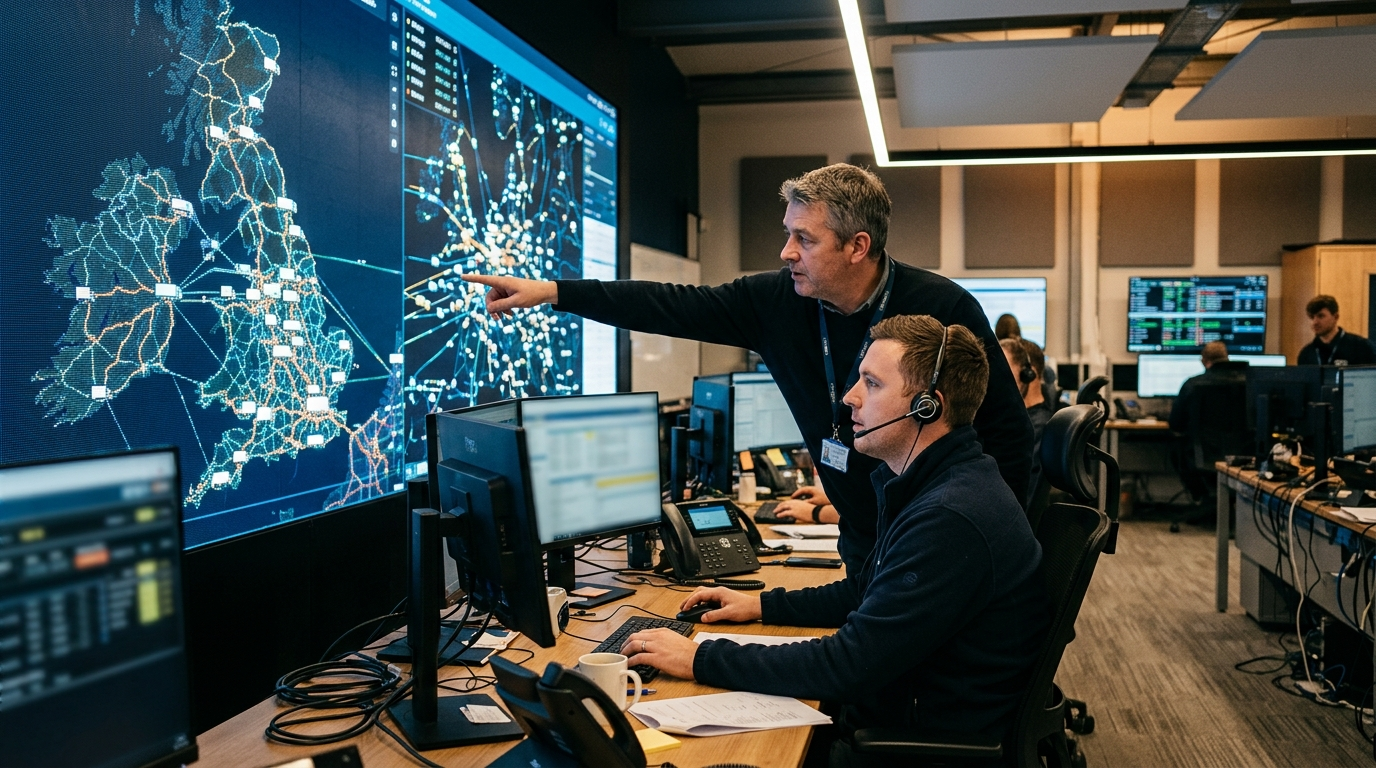 A dispatcher watching a wall display of vehicle positions in a control room