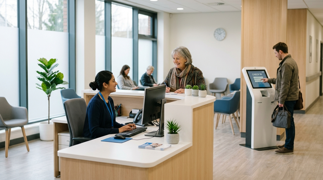 A calm modern UK clinic reception with a patient checking in