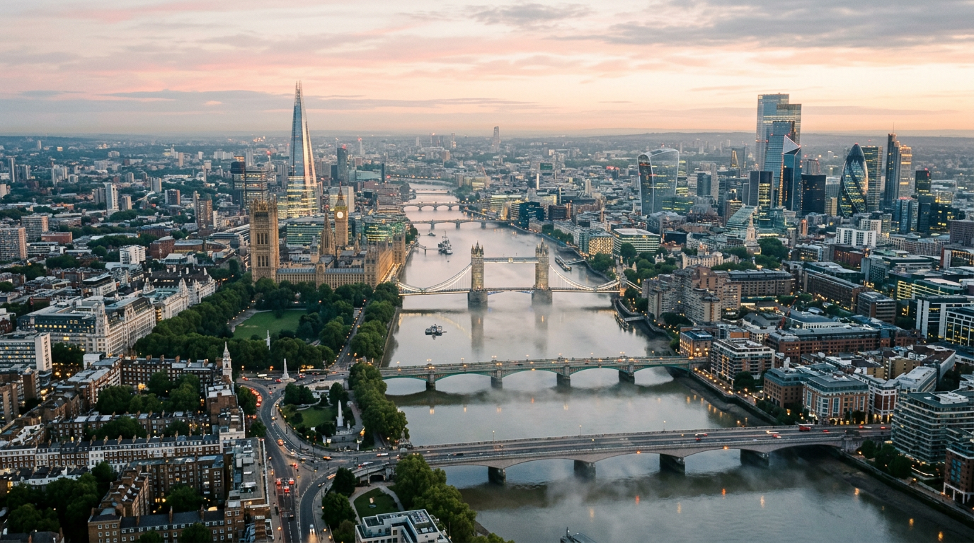 Aerial view of London at dawn with the Thames curving through the city