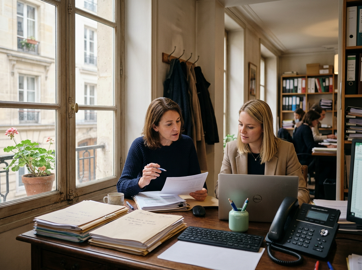 Deux collaborateurs d'un cabinet comptable au travail, avec un poste téléphonique fixe sur le bureau