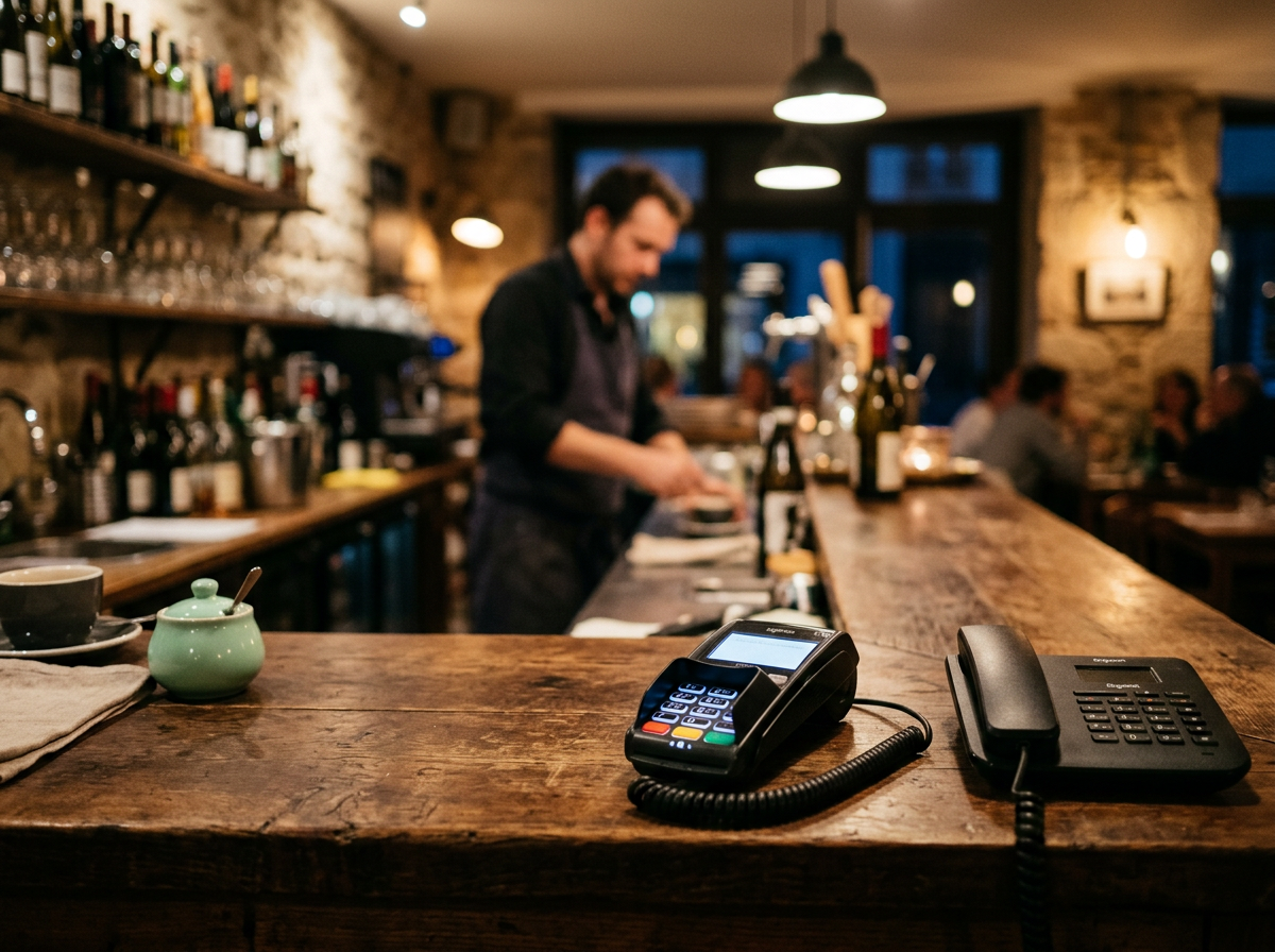 Comptoir d'un restaurant indépendant avec terminal de paiement et téléphone en service