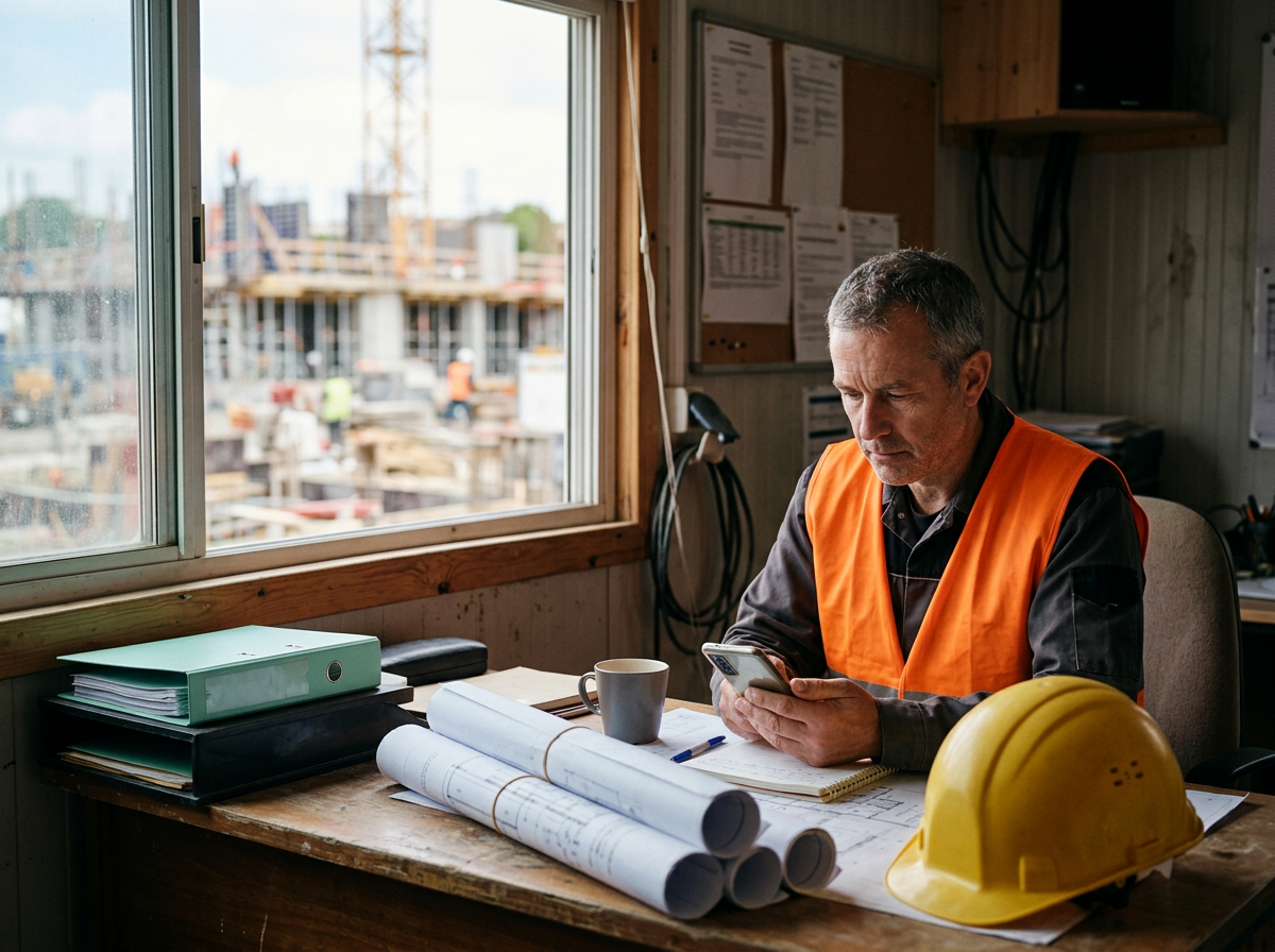 Conducteur de travaux consultant son mobile dans un bureau de chantier