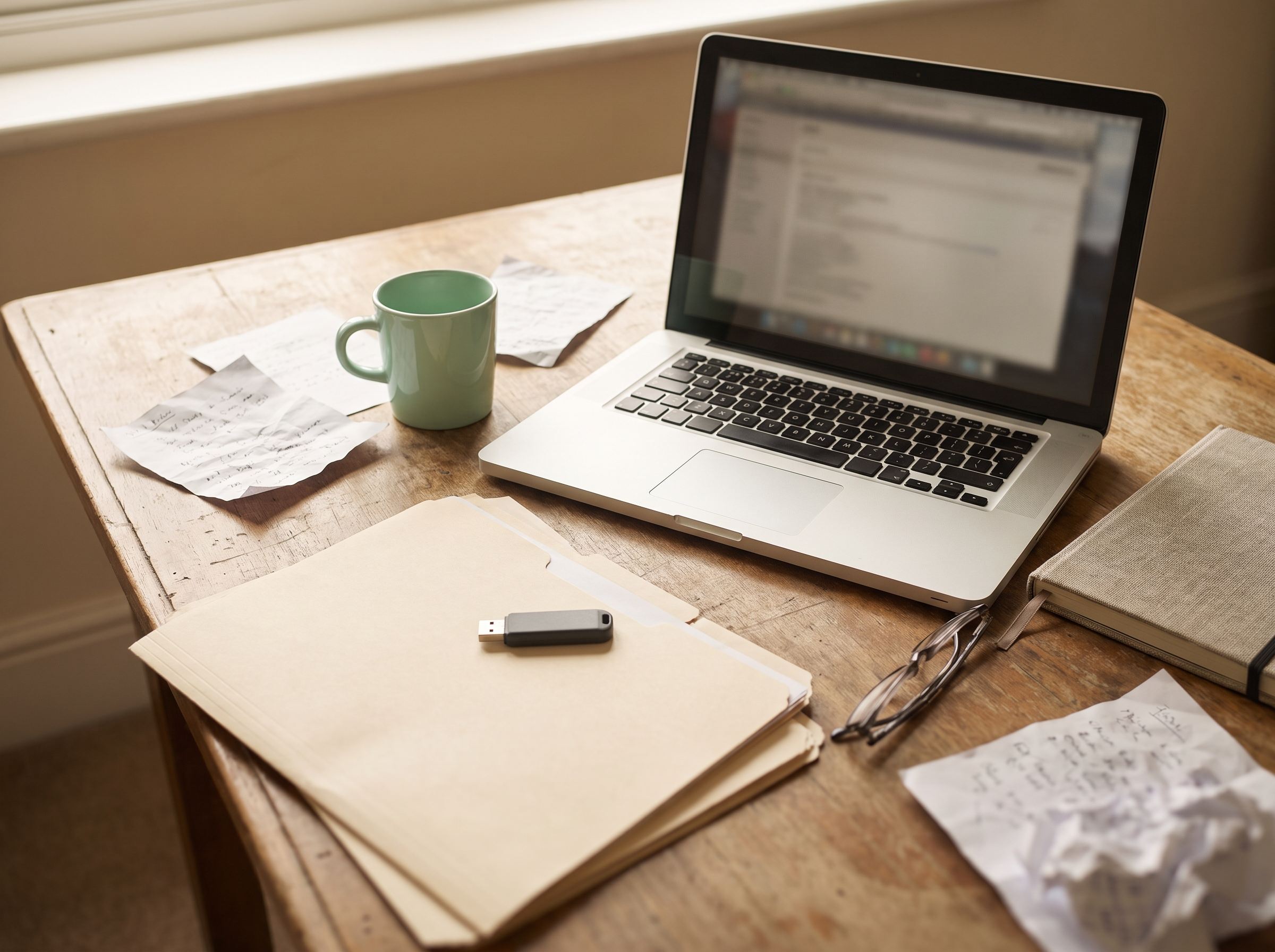 Poste de travail d'un petit bureau avec un ordinateur portable et une clé USB posée à côté