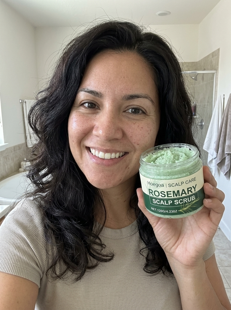 Mujer con el exfoliante capilar de romero