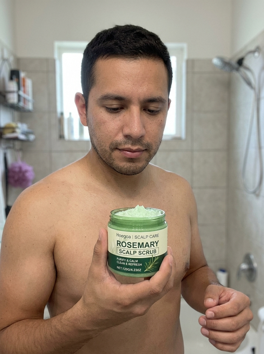 Hombre con el exfoliante capilar de romero