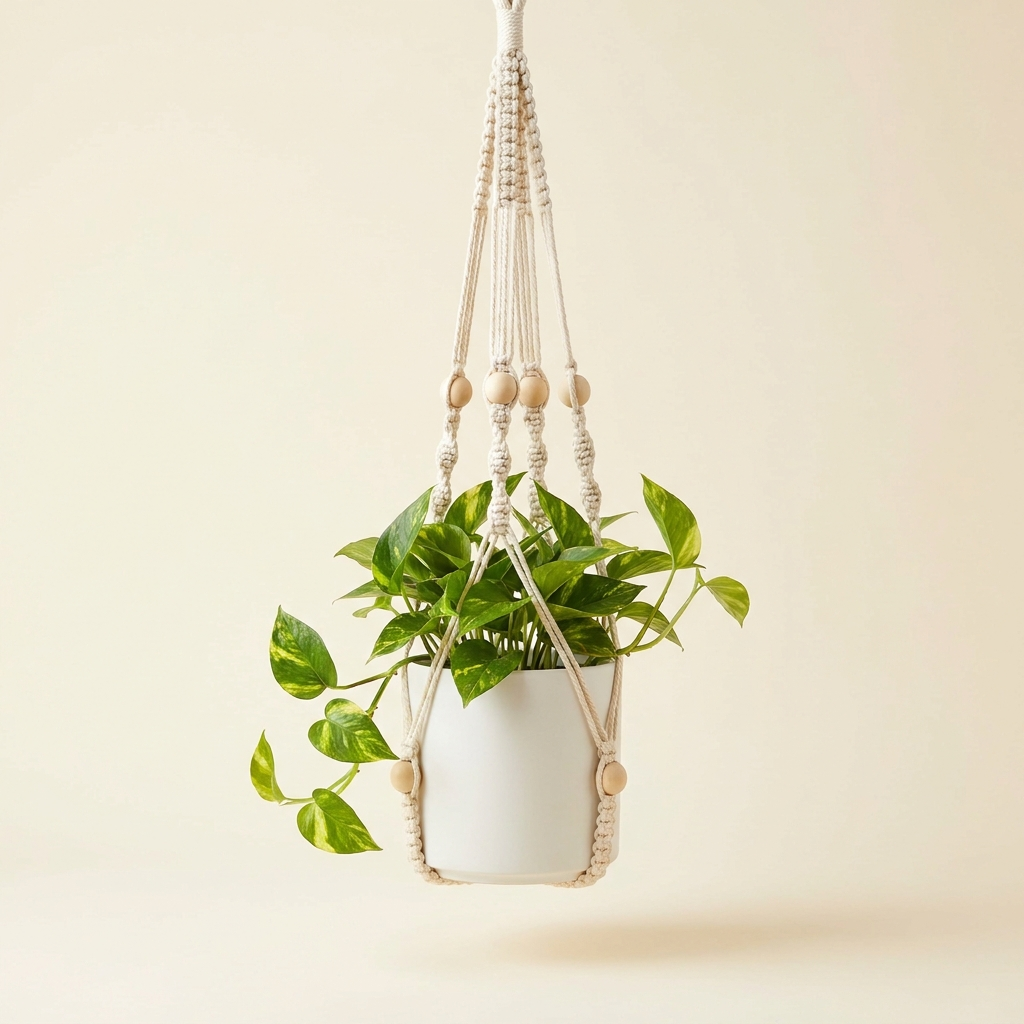 Boho macrame plant hanger with wooden beads holding a trailing pothos in a ceramic pot, studio shot