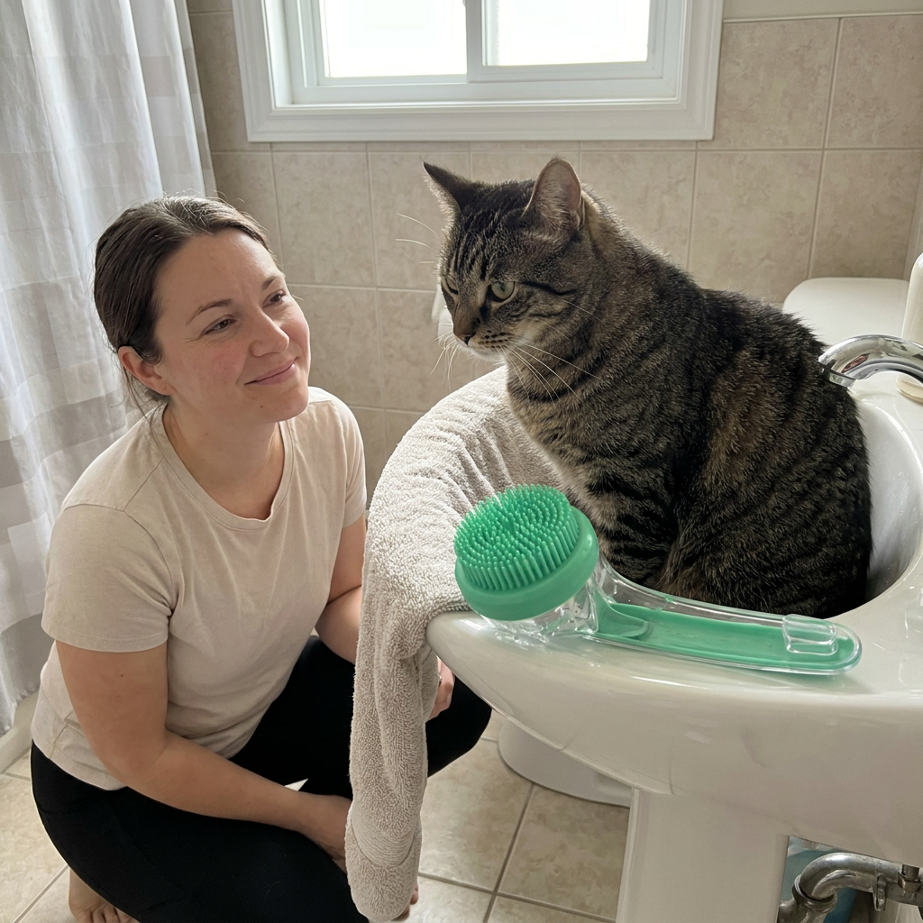 Woman with cat in bathroom sink