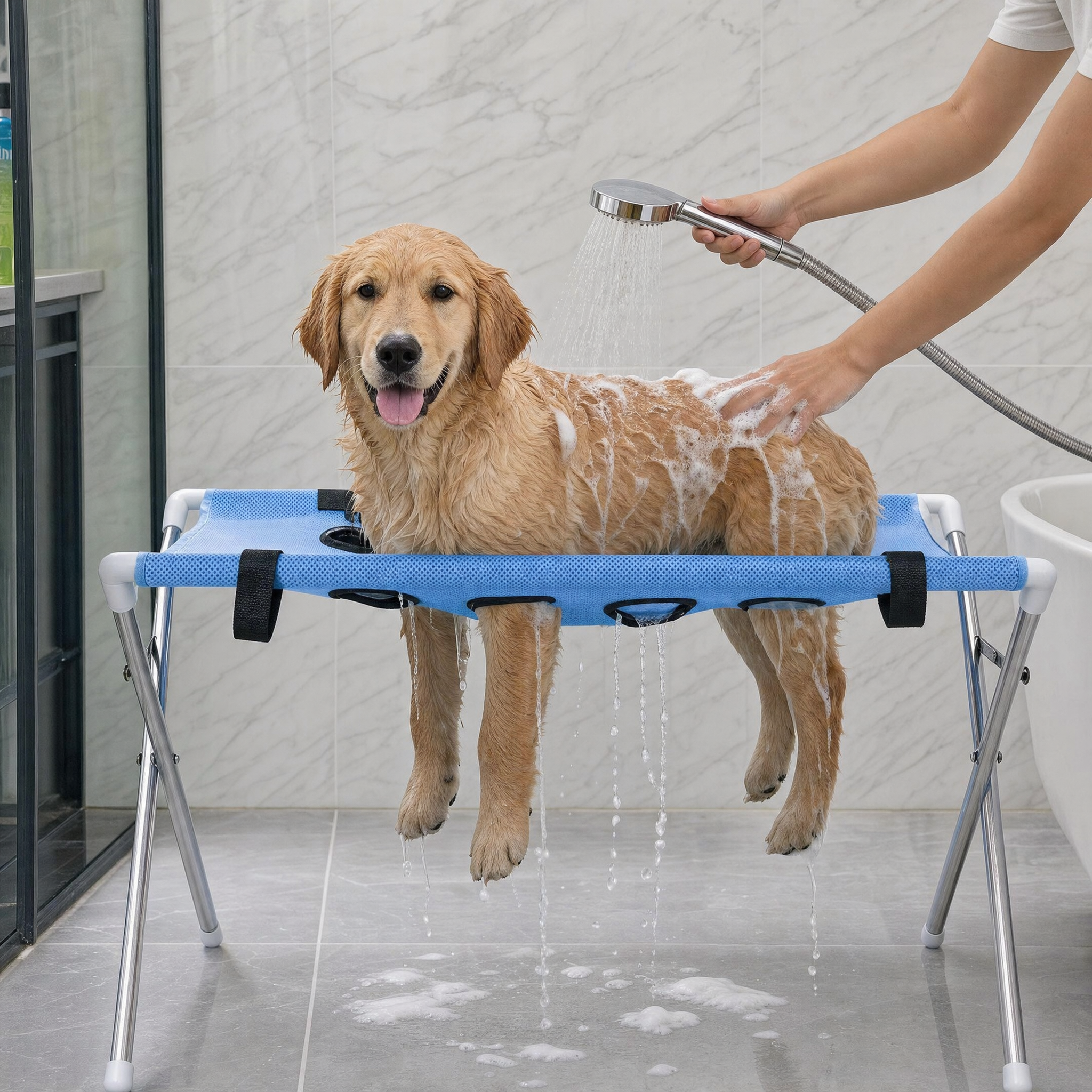 Golden Retriever puppy being showered on the blue PawSpa hammock indoors
