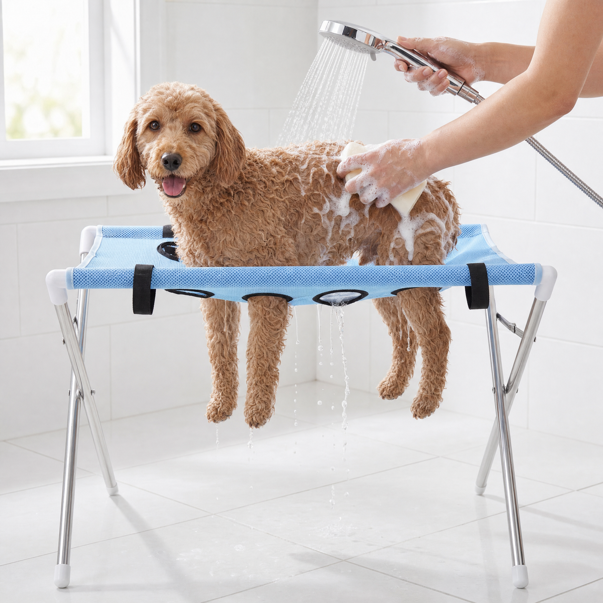Goldendoodle being scrubbed with a washcloth on the PawSpa hammock indoors