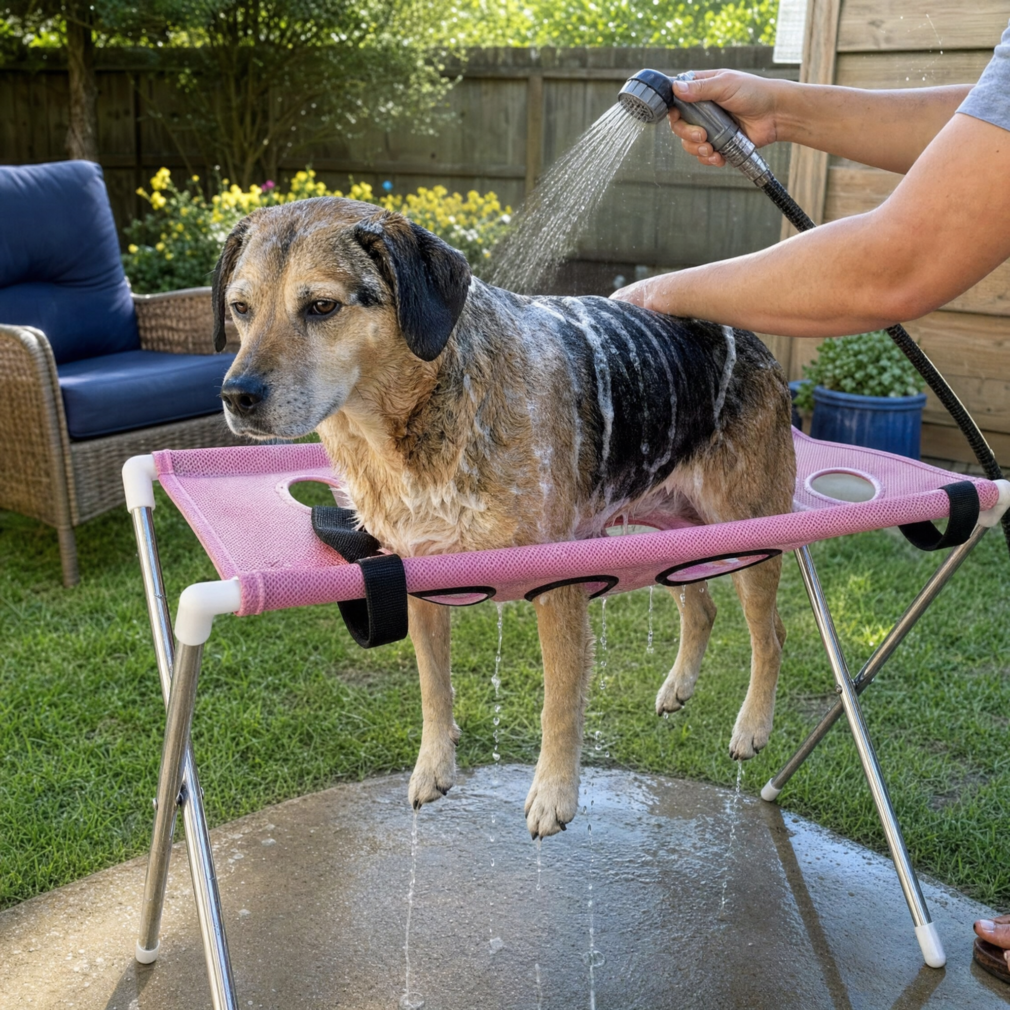 Senior mixed-breed dog being hosed down on the pink PawSpa hammock outdoors