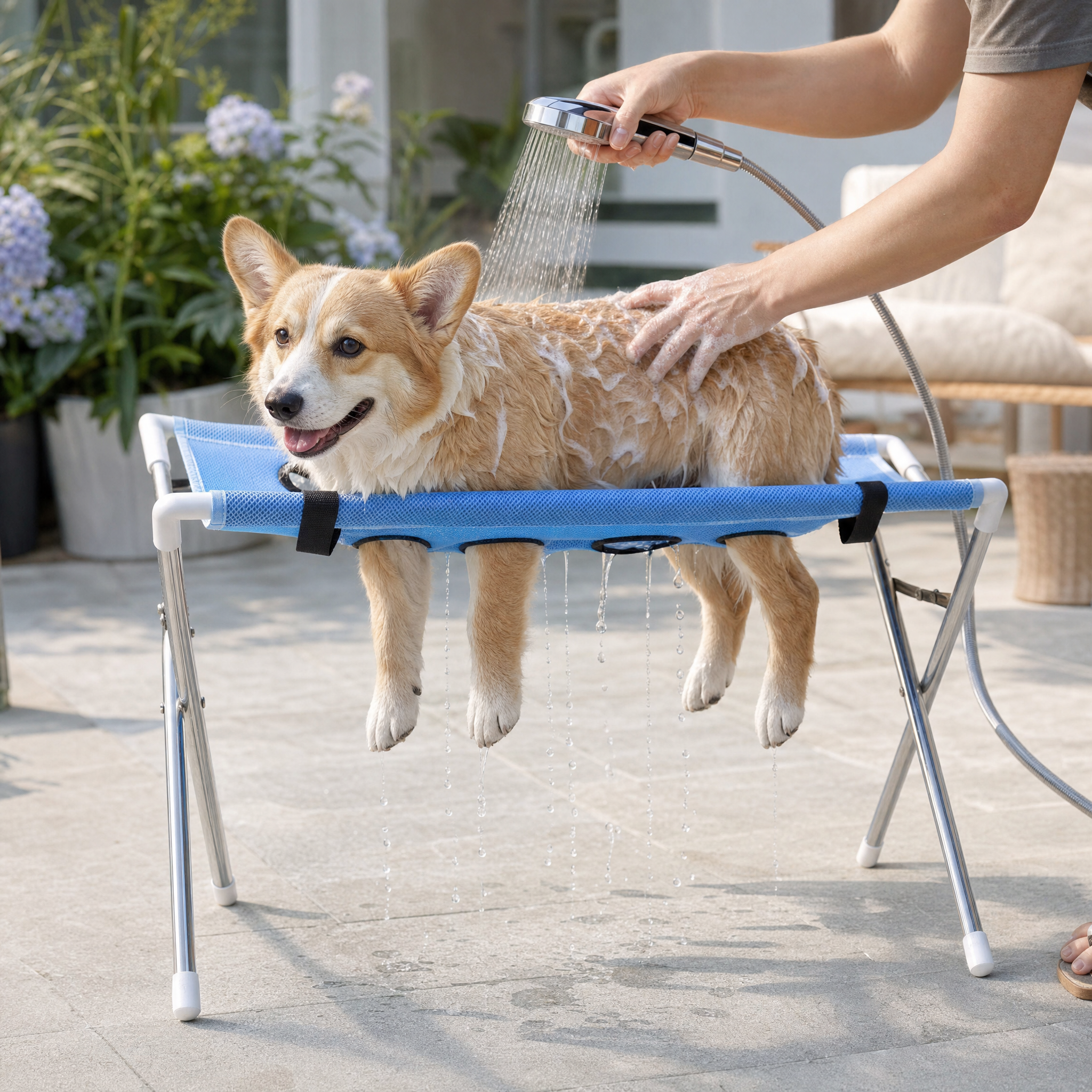 Corgi smiling while being washed on the blue PawSpa hammock outdoors