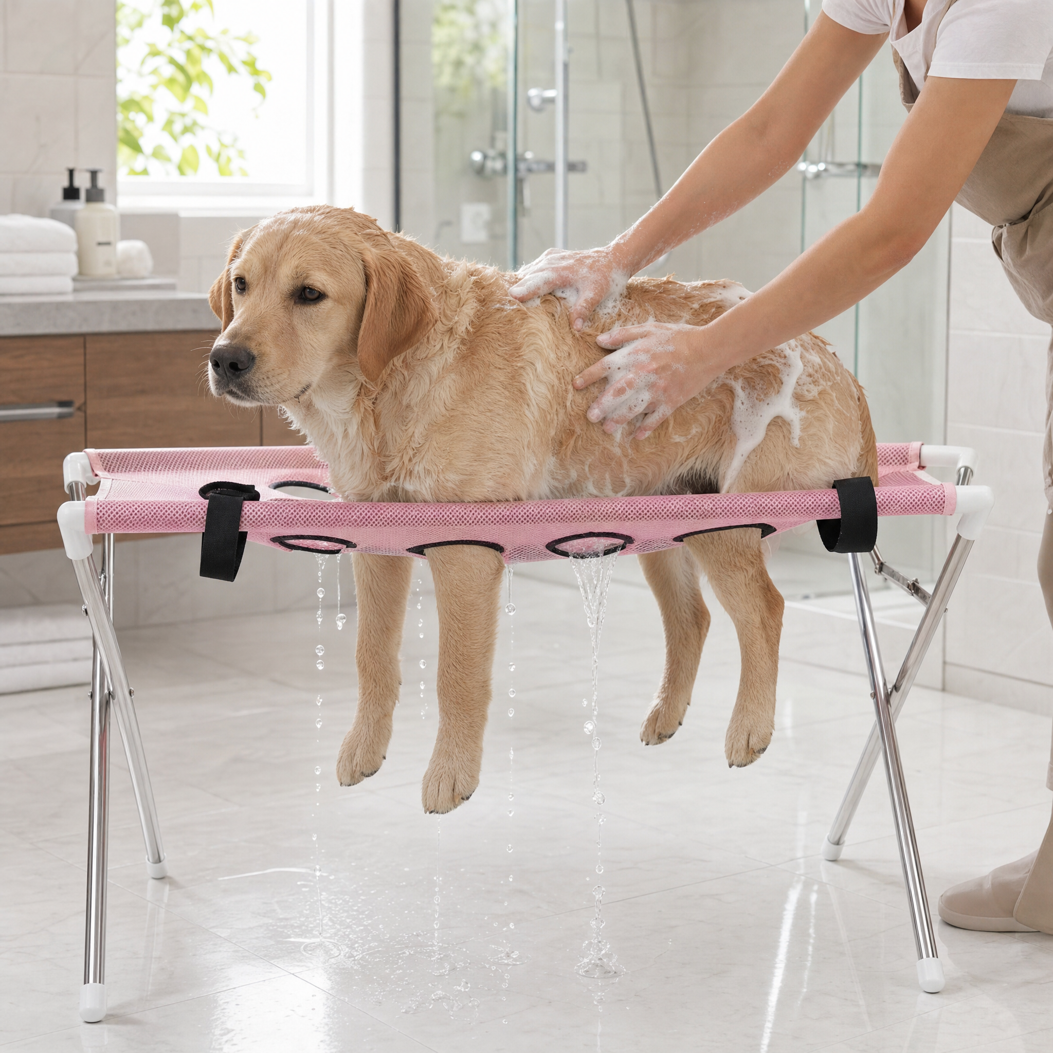 Golden Retriever being washed on the pink PawSpa hammock in a bathroom