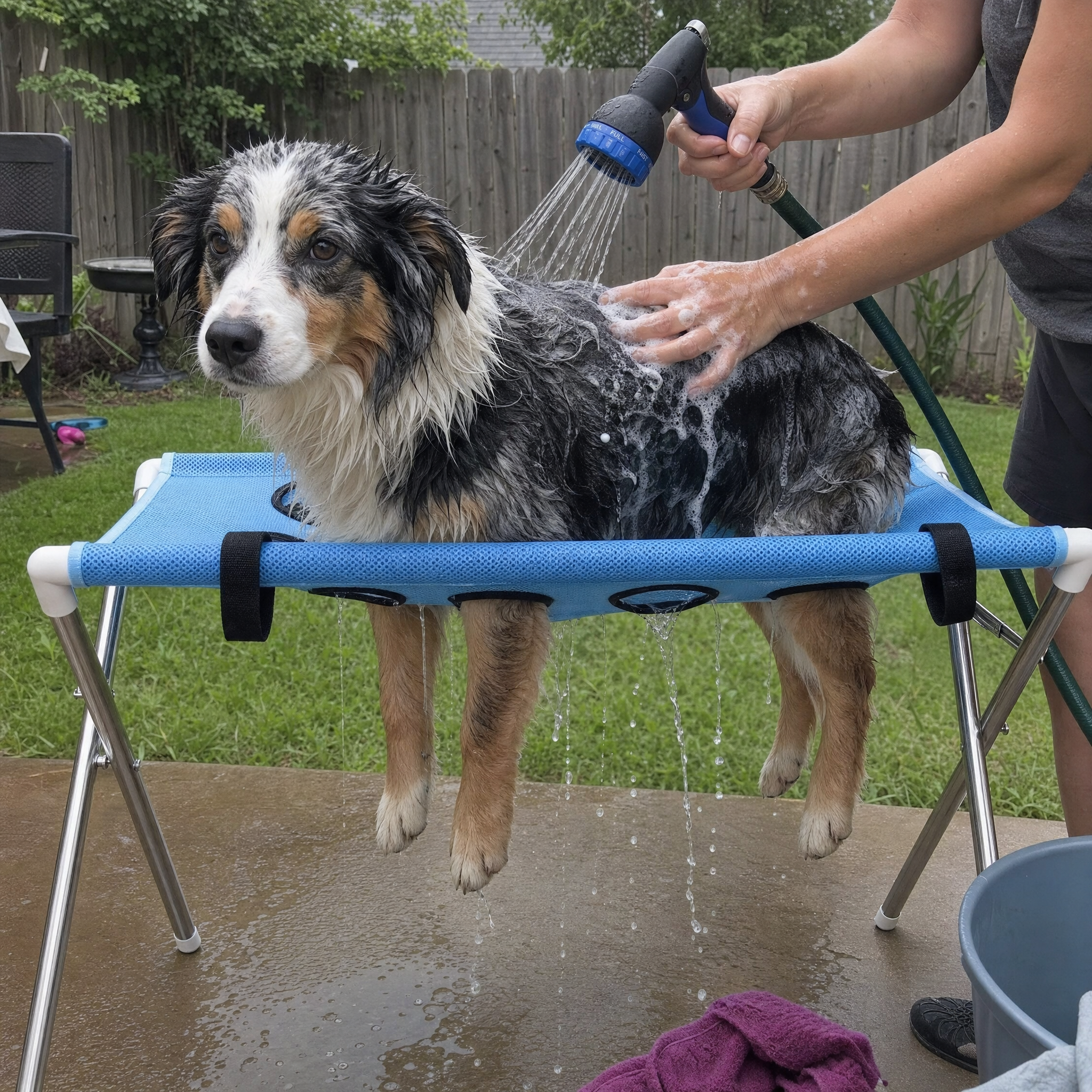 Australian Shepherd being bathed on the blue PawSpa hammock in the rain