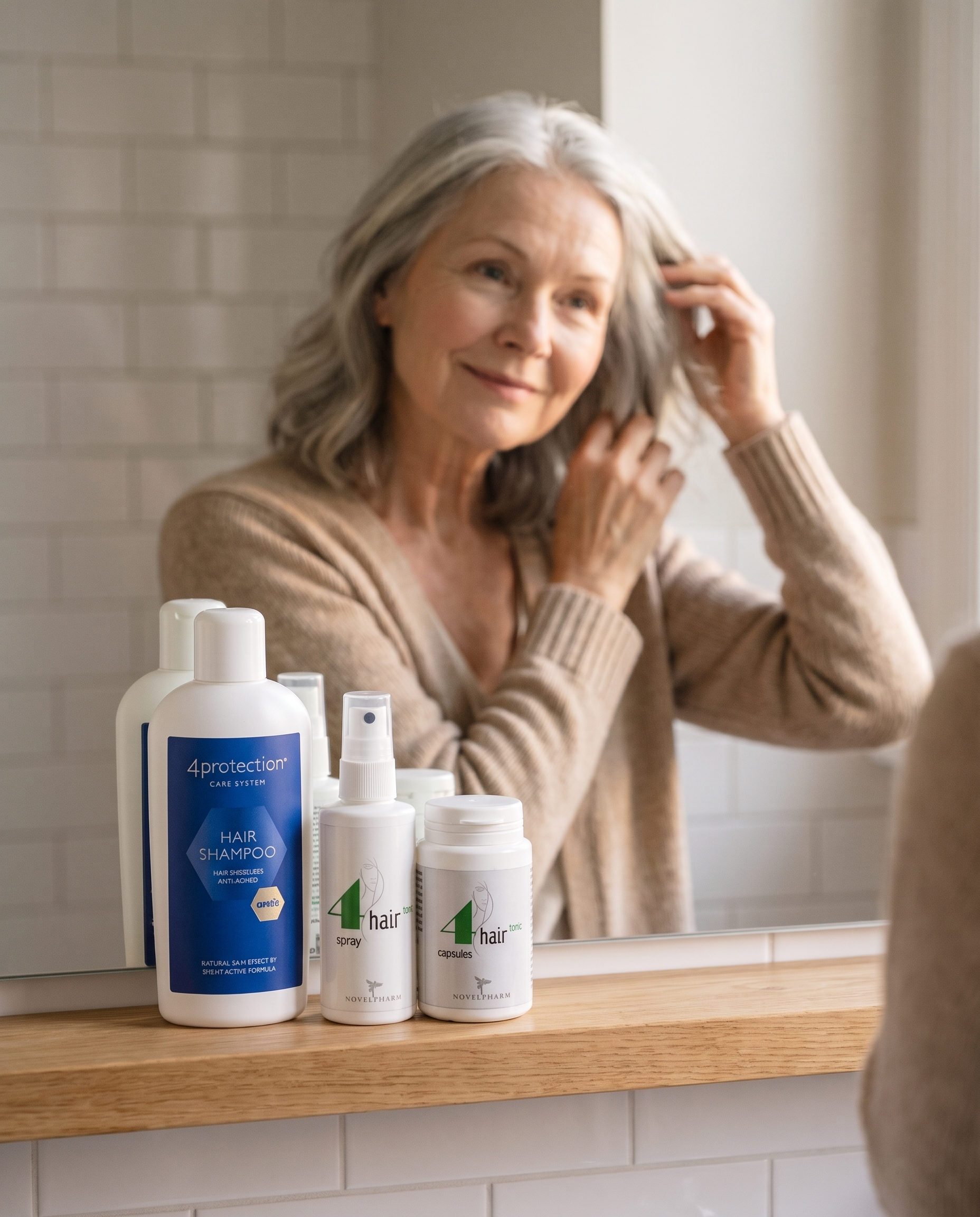 Das 4hair Set im Badezimmer — Shampoo, Tonic Spray und Capsules