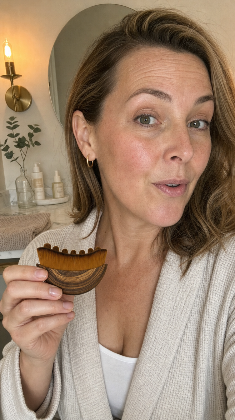 Woman holding the Lymora Sculpting Brush at her bathroom mirror