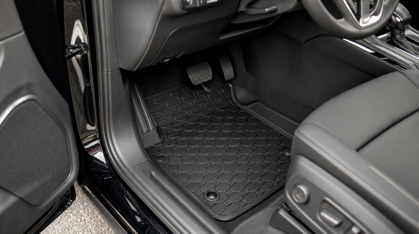 Jeu de tapis de sol voiture en caoutchouc à rebords posé dans le pied conducteur d'une voiture moderne
