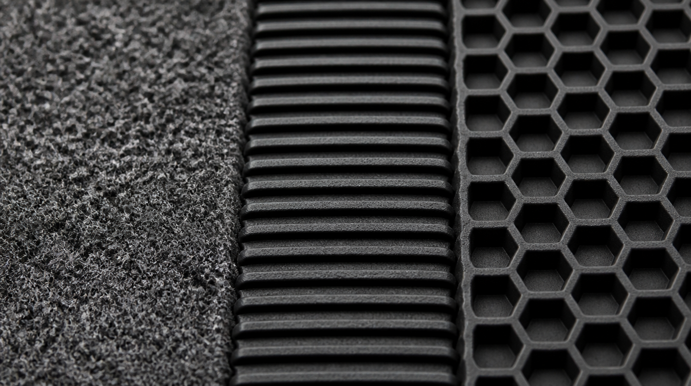 Macro comparant trois matières de tapis de sol voiture : moquette aiguilletée, caoutchouc nervuré et TPE alvéolé