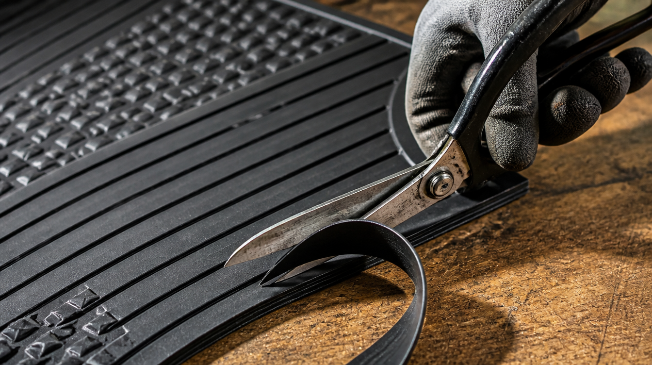 Découpe d'un tapis de sol voiture universel aux ciseaux le long des guides moulés
