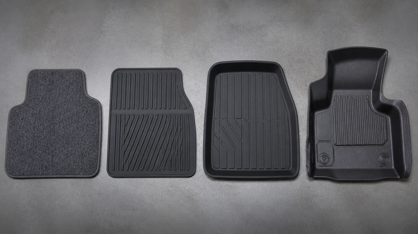 Les quatre familles de tapis de sol voiture posées côte à côte : moquette, caoutchouc, bac 3D et thermoformé
