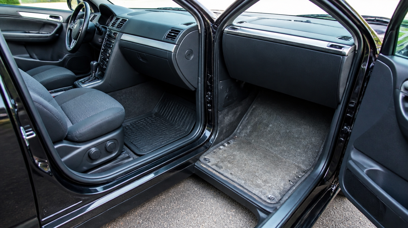 Tapis de sol conducteur neuf à côté d'un plancher passager en moquette d'origine usée
