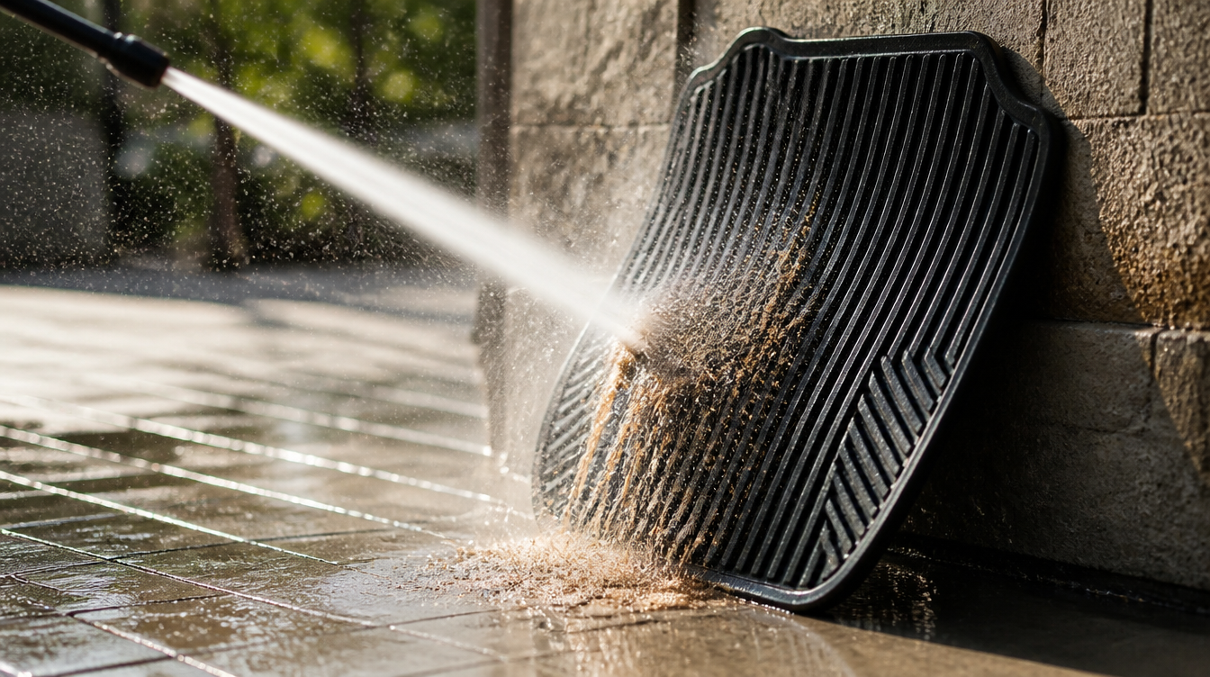 Tapis de sol voiture en caoutchouc rincé au jet d'eau contre un mur