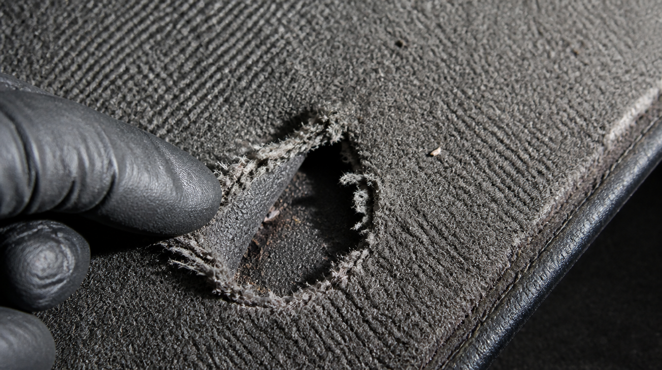 Tapis de sol moquette d'origine usé jusqu'au trou au niveau du talon conducteur
