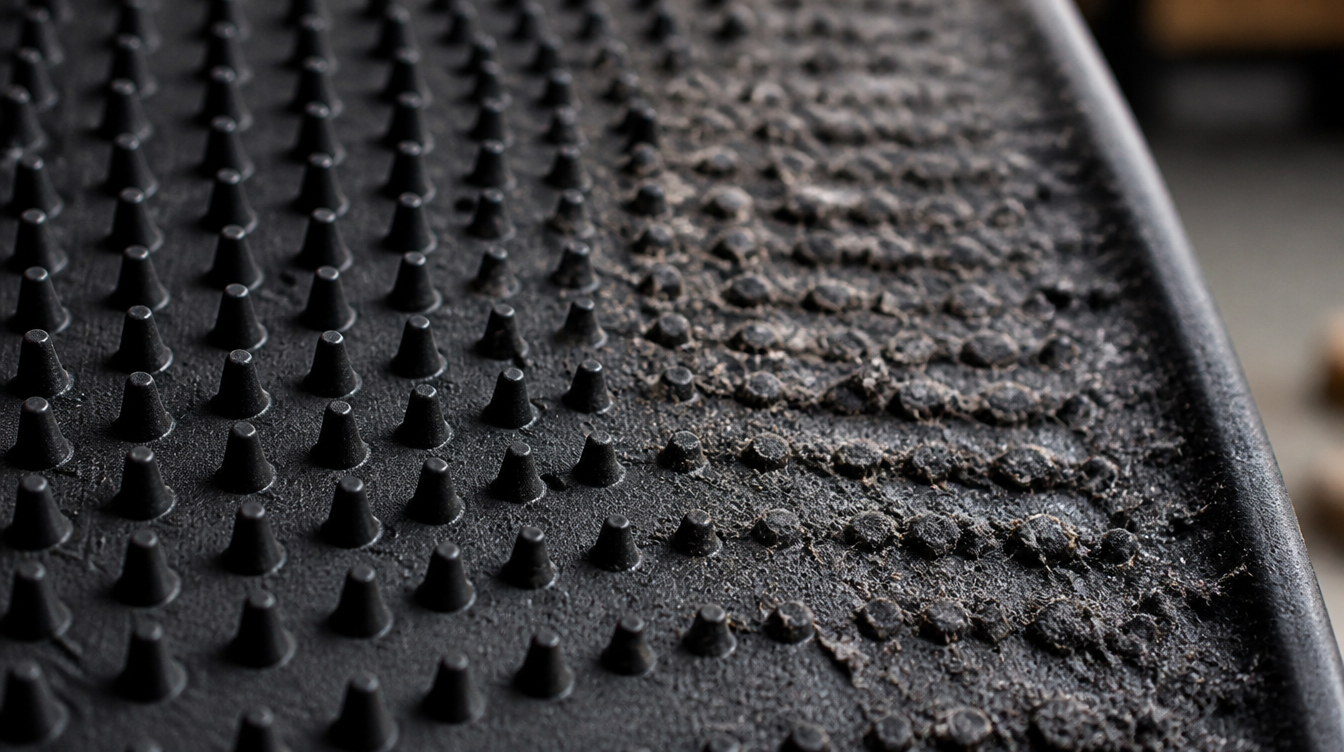 Dos à picots d'un tapis de sol voiture, moitié neuve et moitié couchée par l'usure