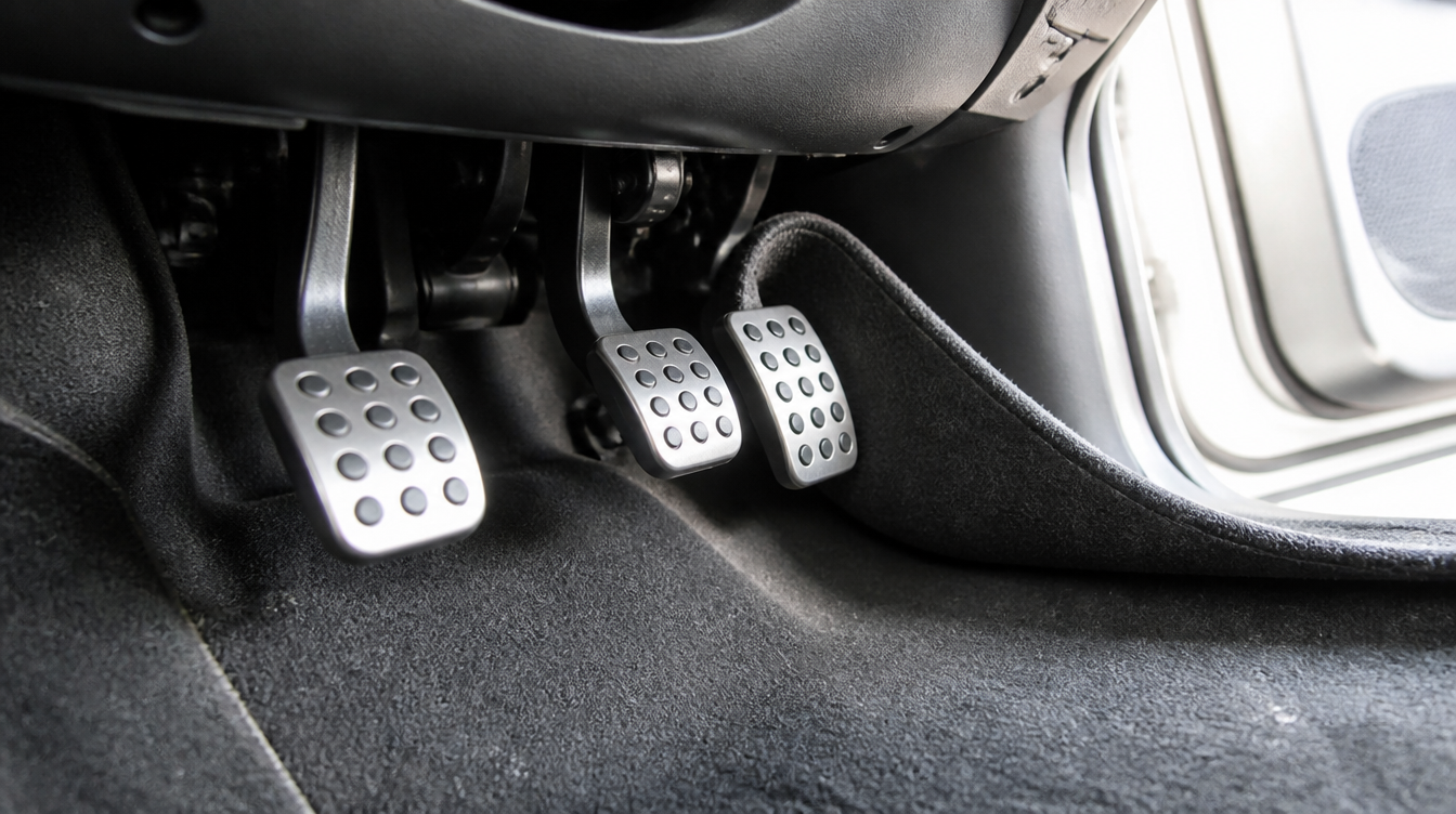 Coin d'un tapis de sol voiture remonté et coincé derrière la pédale d'accélérateur