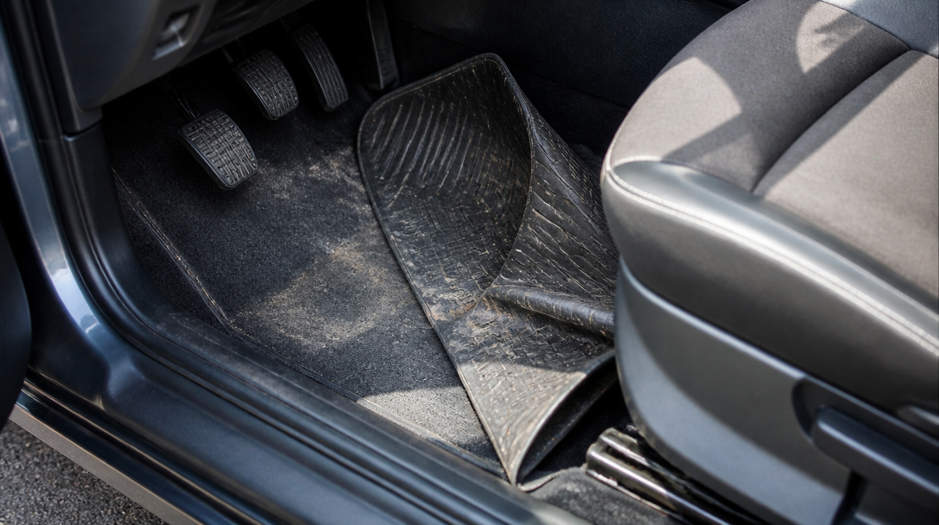 Tapis de sol voiture décalé et froissé dans le pied conducteur faute de fixation