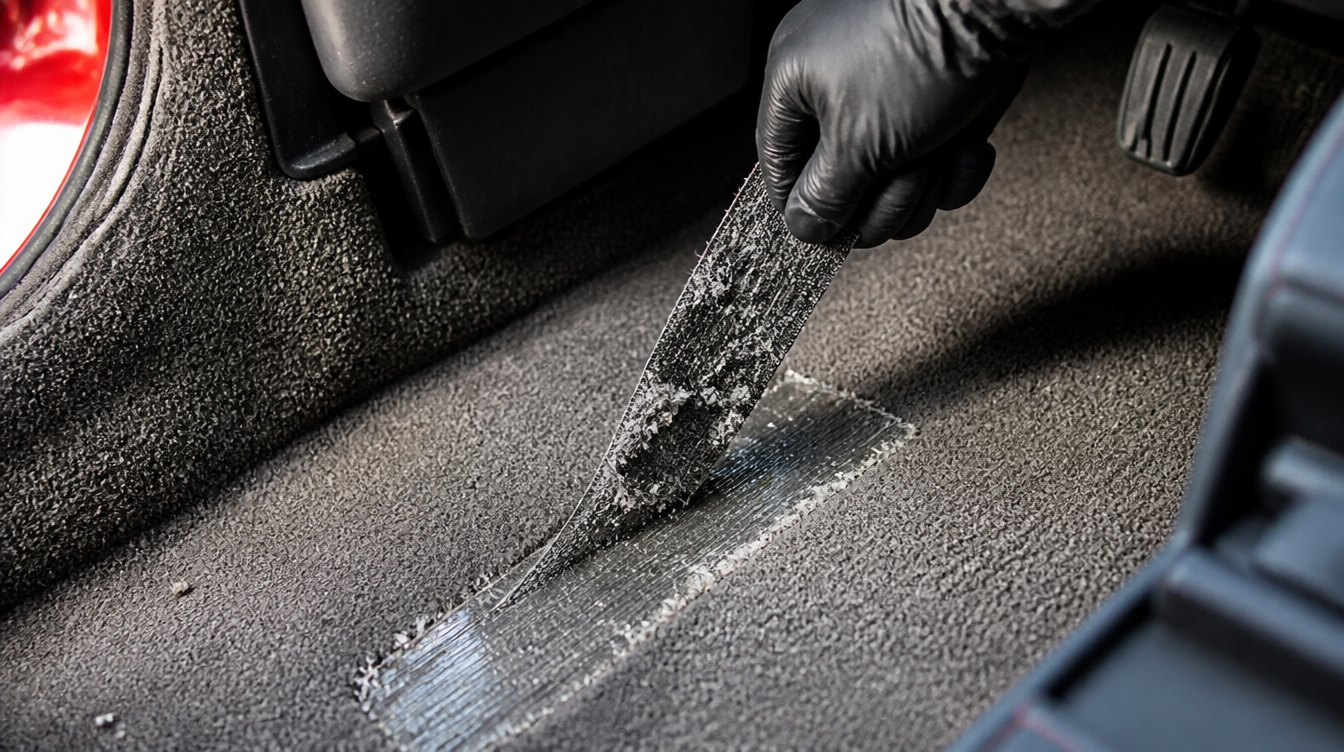 Bande auto-agrippante décollée d'une moquette de voiture, chargée de fibres arrachées
