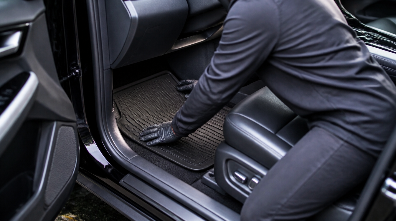 Mains gantées positionnant un tapis de sol voiture en butée contre la cloison avant