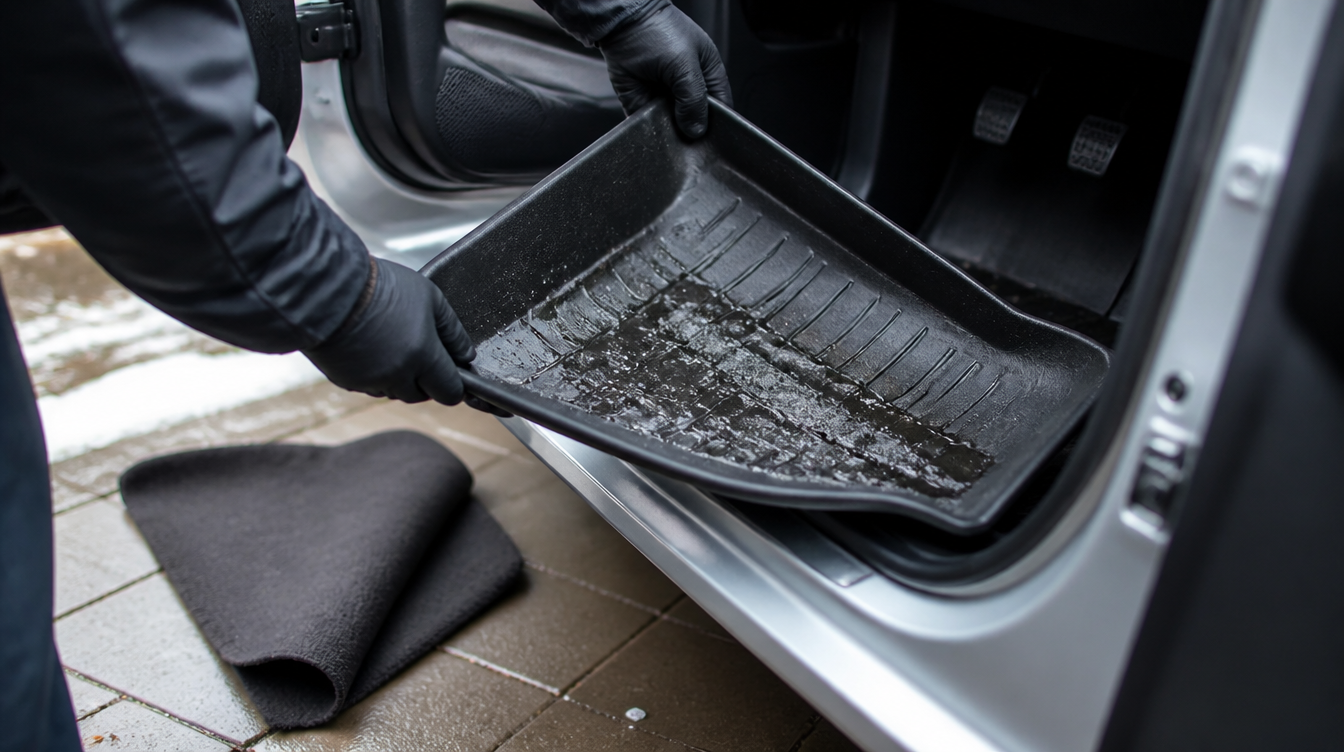 Tapis de sol voiture à bac rempli de neige fondue lors du changement de jeu saisonnier