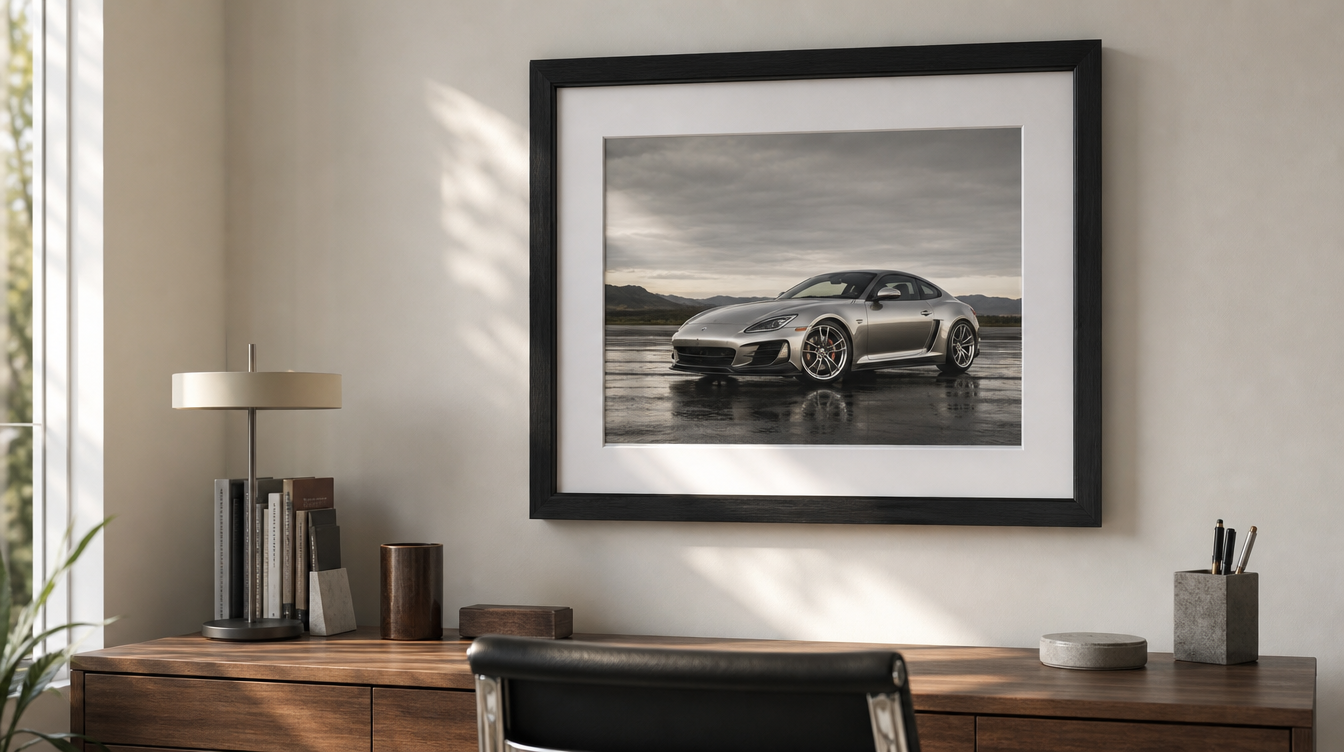 Affiche voiture encadrée d'un coupé sportif argent accrochée au-dessus d'un bureau en noyer