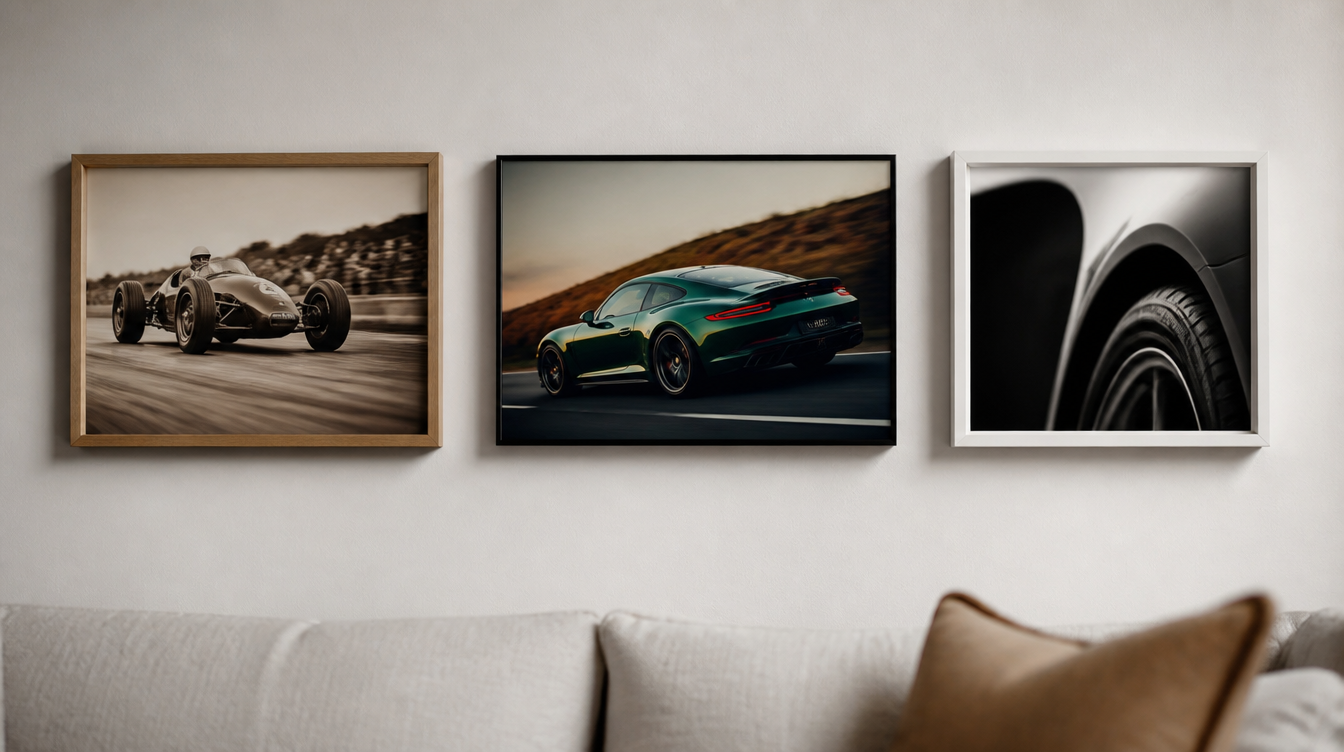 Trois affiches voiture encadrées côte à côte : vintage sépia, sport en couleurs et noir et blanc