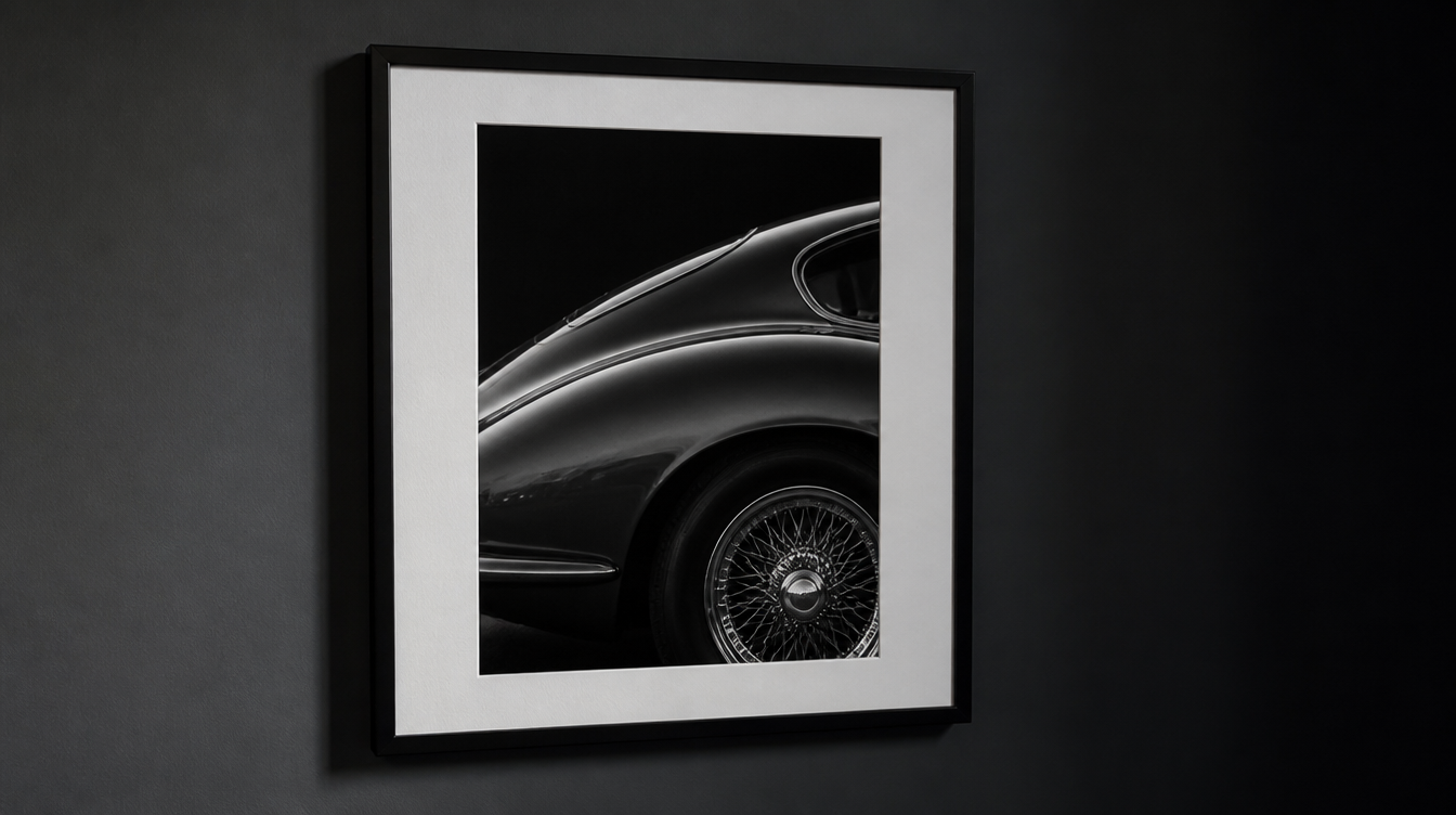 Affiche voiture noir et blanc à fort contraste dans un cadre noir fin sur un mur anthracite